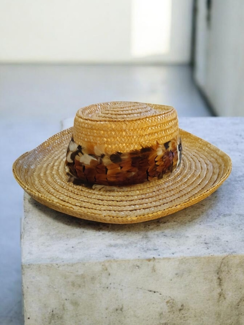 Straw Sun Hat with Feather Band - Natural Brown